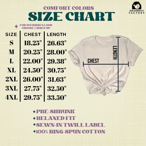May include: Size chart for t-shirts with measurements in inches for chest and length. Sizes range from S to 4XL. The chart also includes information about the fabric: pre-shrunk, relaxed fit, sewn-in twill label, and 100% ring-spun cotton.