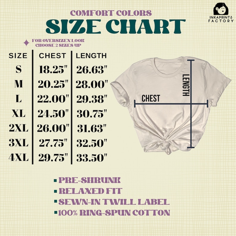 May include: Size chart for t-shirts with measurements in inches for chest and length. Sizes range from S to 4XL. The chart also includes information about the fabric: pre-shrunk, relaxed fit, sewn-in twill label, and 100% ring-spun cotton.