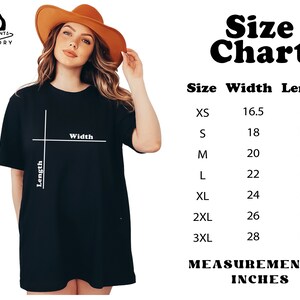 May include: Size chart for a t-shirt with measurements in inches. The chart shows the width and length of the shirt in inches for sizes XS to 3XL.