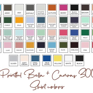 May include: A chart of 40 different color swatches for Printful Bella + Canvas 3001 shirts. The colors are arranged in rows and columns, with each color labeled with its name.