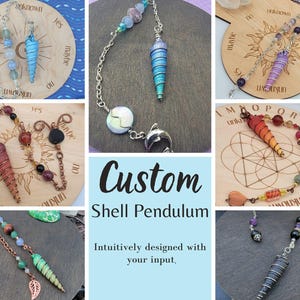 May include: Four custom shell pendulums with different colored shells and beads. The pendulums are hanging over wooden boards with various designs, including a sun, a circle, and a flower of life. The text "Custom Shell Pendulum" is written in white on a light blue background. The text "Intuitively designed with your input." is written in black on a light blue background.
