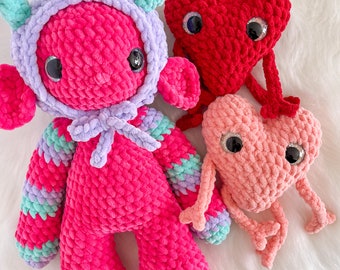 Cuddly Crochet Monster Plush | Pink Love Monster | Valentine Gift Idea | Whimsical Stuffed Animal | Crochet Heart Plush | Crocheted Plushie