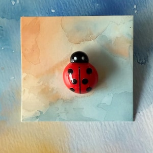 May include: A red ladybird with black spots and a black head sits on a square, watercolour-style background. The background features a blend of blue, orange, and beige hues, creating a soft, artistic aesthetic. The ladybird is a small, decorative item.