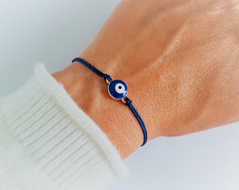 Blue Evil Eye Bracelet, Elegant Protection Woman Bracelet, Dainty Greek Jewelry, Nazar Boncuk Amulet, Tiny Adjustable Blue Eye, Unisex, Mojo