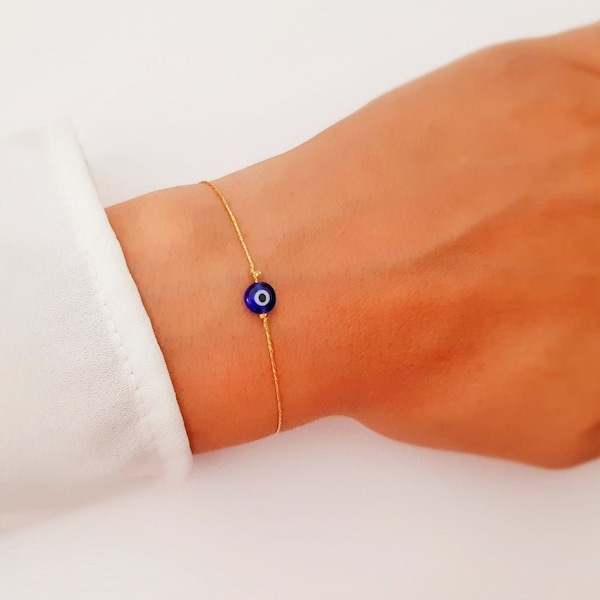 Gold String Evil Eye Bracelet - Elegant Protection Woman Bracelet - Dainty Greek Jewelry - Nazar Boncuk Amulet - Tiny Adjustable Macrame Eye