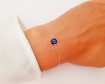 Braccialetto d'argento String Evil Eye - Bracciale donna protezione elegante - Gioielli greci delicati - Amuleto Nazar Boncuk - Piccolo unisex regolabile