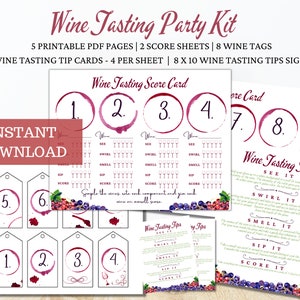 Wine Tasting Kit, Wine Tasting Party Kit, 8 Wines, Wine Score Cards, Printable Wine Tags - Wine Birthday - Bridal Shower- Grapes Theme-1207