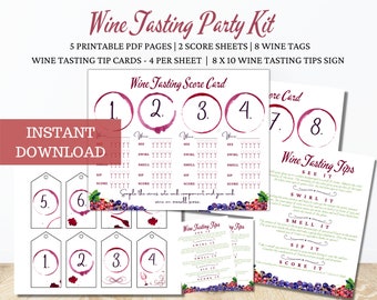 Wine Tasting Kit, Wine Tasting Party Kit, 8 Wines, Wine Score Cards, Printable Wine Tags - Wine Birthday - Bridal Shower- Grapes Theme-1207