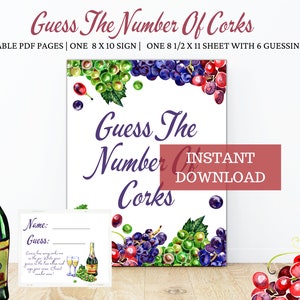 Printable Guess How Many Corks - Wine Tasting Game - Wine Birthday - Bridal Shower - Wine Tasting Party - Download Grapes Theme-1207