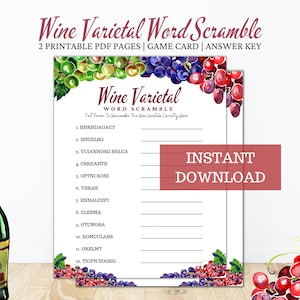 Printable Wine Varietals Word Scramble - Wine Tasting Game - Wine Birthday - Bridal Shower - Wine Tasting Party - Download Grapes Theme-1207