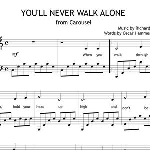 May include: Musical score for the song "You'll Never Walk Alone" from Carousel, with lyrics by Oscar Hammerstein II. The piano music is written on a white background, with the title and composer details at the top.