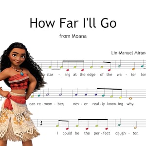 Op de afbeelding: Muziekblad voor "How Far I'll Go" uit Moana, met een cartoon illustratie van Moana. De muziek bevat songteksten en is van Lin-Manuel Miranda. Het muziekblad heeft een witte achtergrond.