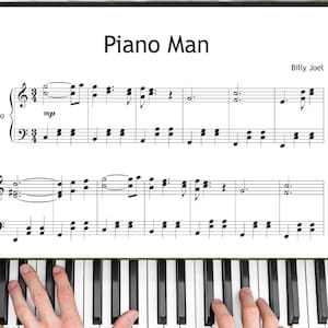 Op de afbeelding: Muziekblad voor "Piano Man" van Billy Joel, met pianotoetsen en spelende handen. Het muziekblad staat op een witte achtergrond met zwarte noten en tekst. De pianotoetsen zijn zwart en wit.