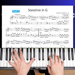 Beethoven Sonatina in G - Grade 4 Piano Sheet Music PDF with Finger Numbers, Note Names, Color Notes, MP3