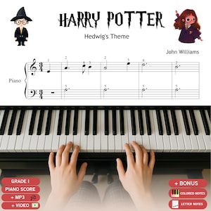 May include: Sheet music for "Hedwig's Theme" from Harry Potter, with illustrations of Harry Potter characters. The piano keyboard is visible, with hands playing the keys. The text includes "Grade 1 Piano Score" and "+ Bonus".