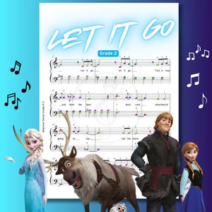 May include: A sheet music book with a colorful cover featuring the title "Let It Go" and characters from the movie Frozen. The music is for piano and is part of the Beginner Series, Grade 0-3.