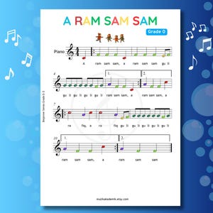 A Ram Sam Sam - Grade 0 Beginner Piano Sheet Music, Color-Coded + Letter Notes + MP3 + Tutorial Video, Fun Action Song for Kids