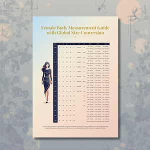 以下が含まれることがあります： 「Female Body Measurement Guide with Global Size Conversion」と題された印刷されたガイド。 このチャートには、さまざまな地域のサイズ変換が含まれており、黒いドレスを着た女性の様式化されたイラストが描かれています。 このチャートは、バストとウエストの測定値を提供します。