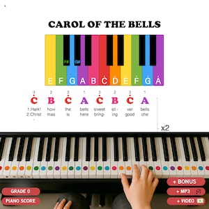 Peut inclure: Un clavier de piano avec des touches codées par couleur et le texte "CAROL OF THE BELLS" en haut. Les touches sont étiquetées avec des notes de musique et des numéros de doigts. L'image comprend également les mots "GRADE 0" et "PIANO SCORE".