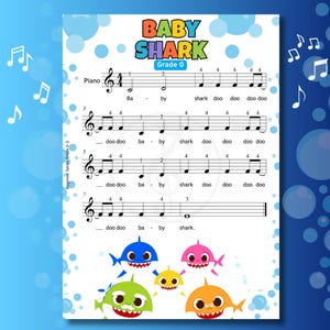 Baby Shark - Partitura para piano simplificada de nivel 0 para principiantes, muy fácil, con código de colores + notas de letras + MP3 + video, divertida canción infantil, música preescolar