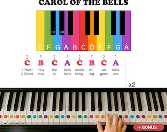 Carol of the Bells – Beginner Piano PDF | Color Note Letters & Finger Numbers | One-Hand Grade 0 Christmas Song for Kids