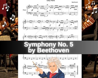 Beethoven Symphony No. 5 – Simplified Piano Sheet Music PDF – Grade 2–3 – Colored Notes, Note Names, MP3 & Video