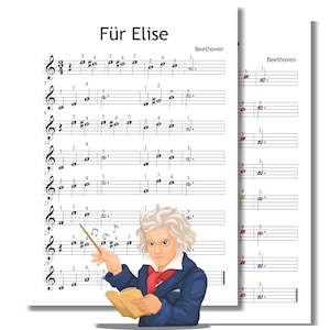 Für Elise - Grade 0 Simplified Beginner Piano Sheet | Easy Beethoven Music PDF | Color Notes + Finger Numbers + MP3 + MP4 Video For Elise