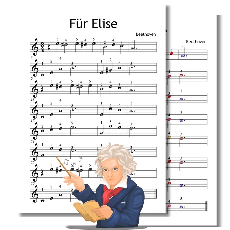 Für Elise - Grade 0 Simplified Beginner Piano Sheet | Easy Beethoven Music PDF | Color Notes + Finger Numbers + MP3 + MP4 Video For Elise