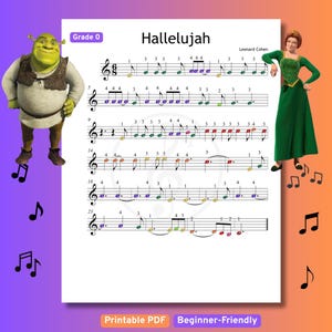 Może przedstawiać: Drukowany arkusz nutowy do utworu "Hallelujah" Leonarda Cohena. Nuty są przeznaczone dla początkujących muzyków i oznaczone są jako "Grade 0". Nuty są zakodowane kolorami, z różnymi kolorami dla każdej nuty.