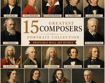 Könnte beinhalten: Eine Sammlung von 15 Porträts klassischer Komponisten, darunter J.S. Bach, W.A. Mozart, L.V. Beethoven, F. Chopin, F. Schubert, J. Brahms, P.I. Tchaikovsky, A. Vivaldi, J. Haydn, G.F. Handel, F. Mendelssohn, F. Liszt, C. Schumann, R. Schumann und N. Paganini.