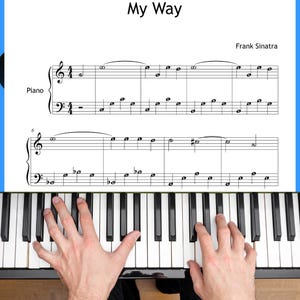 Może przedstawiać: Nuty do "My Way" Franka Sinatry, z wyświetlonymi nutami na fortepian. Dłonie osoby są umieszczone nad klawiaturą fortepianu, gotowe do zagrania piosenki. Tytuł "My Way" znajduje się na górze obrazu.
