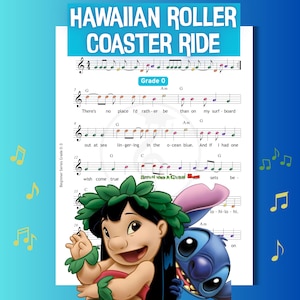 Op de afbeelding: Muziekblad getiteld "Hawaiian Roller Coaster Ride" met muzieknoten en tekst. Met de tekenfilmfiguren Lilo en Stitch. De muziek is gemarkeerd als "Grade 0" en de tekst "Beginner Series Grade 0-3" is zichtbaar.