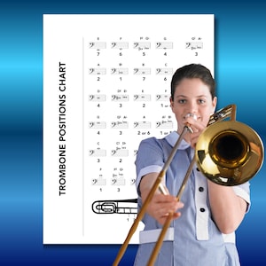 May include: A young person playing a trombone, with a chart titled "Trombone Positions Chart" in the background. The chart displays musical notes and finger positions. The trombone is gold and silver, and the person is wearing a blue and white uniform.