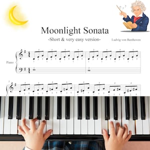 Moonlight Sonata van Beethoven - Graad 1 - Korte en vereenvoudigde eenvoudige pianobladen - Digitale download - met vingernummers - voor beginners