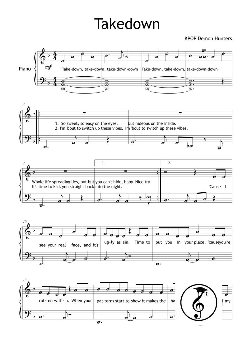 KPOP Demon Hunters Piano Collection by HUNTR-X downloadable and simplified piano sheet music PDF for Grade 2 learners. Includes easy piano versions of Soda Pop, Golden, Your Idol, Takedown, How It’s Done, What It Sounds Like, and Free. Printable PDF, color-coded notes, note-name editions, MP3 reference tracks, and tablet-friendly files. Perfect for students, teachers, and K-Pop fans seeking cinematic, fun, and professional easy piano sheet music downloads.