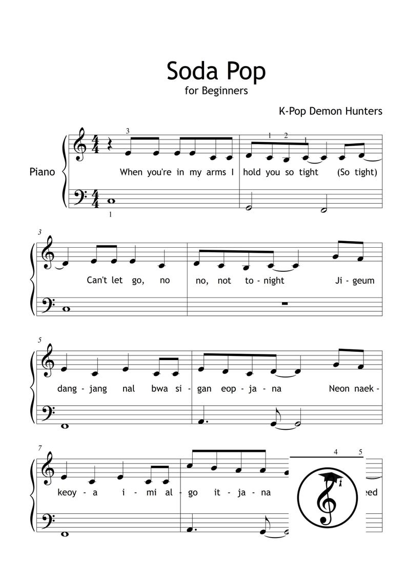 KPOP Demon Hunters Piano Collection by HUNTR-X downloadable and simplified piano sheet music PDF for Grade 2 learners. Includes easy piano versions of Soda Pop, Golden, Your Idol, Takedown, How It’s Done, What It Sounds Like, and Free. Printable PDF, color-coded notes, note-name editions, MP3 reference tracks, and tablet-friendly files. Perfect for students, teachers, and K-Pop fans seeking cinematic, fun, and professional easy piano sheet music downloads.