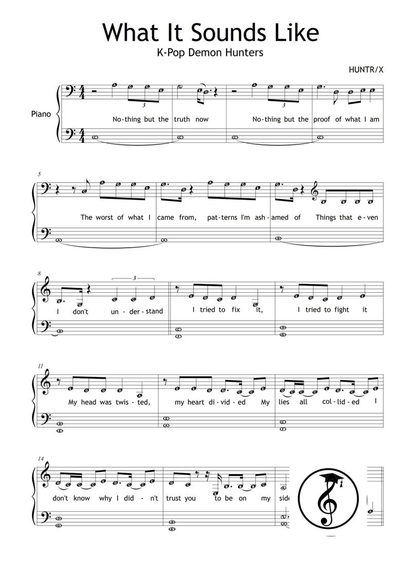 KPOP Demon Hunters Piano Collection by HUNTR-X downloadable and simplified piano sheet music PDF for Grade 2 learners. Includes easy piano versions of Soda Pop, Golden, Your Idol, Takedown, How It’s Done, What It Sounds Like, and Free. Printable PDF, color-coded notes, note-name editions, MP3 reference tracks, and tablet-friendly files. Perfect for students, teachers, and K-Pop fans seeking cinematic, fun, and professional easy piano sheet music downloads.