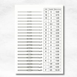 May include: A comprehensive crochet hook size conversion chart featuring a vertical list of silver-toned metal hooks aligned with a table. The table displays columns for USA, English, and Metric sizes in millimeters, ranging from 0.60 mm to 10.00 mm.