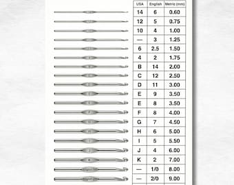 May include: A comprehensive crochet hook size conversion chart featuring a vertical list of silver-toned metal hooks aligned with a table. The table displays columns for USA, English, and Metric sizes in millimeters, ranging from 0.60 mm to 10.00 mm.