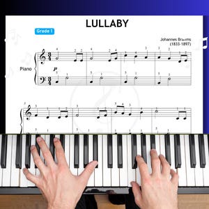 Brahms Lullaby - Grade 1 Piano Sheet PDF with Finger Numbers, Note Names, Color Notes, MP3 & Tutorial Video