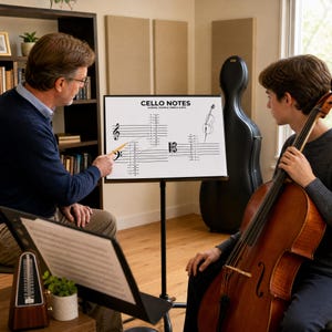 May include: A white instructional poster titled CELLO NOTES IN BASS, TENOR & TREBLE CLEFS, displaying musical staff lines, note positions, and a line drawing of a cello. The poster is mounted on a black metal stand in a room with a cello.