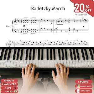 Peut inclure: Partition de piano pour "Radetzky March" de Johann Strauss I, avec le texte "20% OFF". L'image montre une partition et un clavier de piano avec des mains jouant. Le texte supplémentaire comprend "GRADE III PIANO SCORE" et "+ MP3".