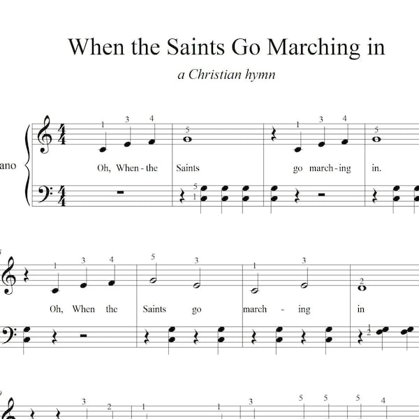 When the Saints Go Marching in - Very Easy Piano Sheets - Digital - with finger number -  for all Saints day, halloween all hallow's eve