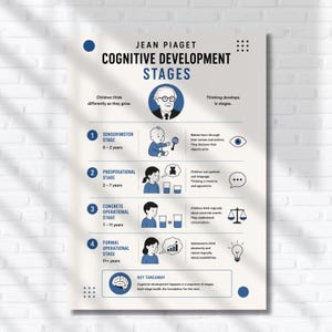 Op de afbeelding: Een educatieve poster getiteld Jean Piaget Cognitive Development Stages, met een portret van Piaget en vier genummerde secties die de sensomotorische, preoperationele, concreet-operationele en formeel-operationele fasen met iconen beschrijven.