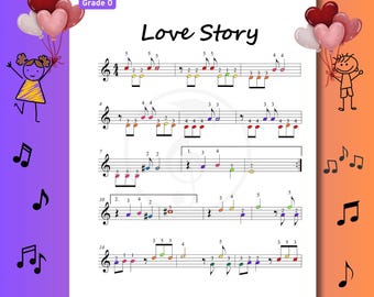 Könnte beinhalten: Ein druckbares Notenblatt mit dem Titel Love Story, Grade 0, das farbcodierte Musiknoten auf einem Notensystem mit Fingersätzen zeigt. Die Seite ist mit Illustrationen von Strichmännchen, die herzförmige Luftballons halten, und schwebenden Noten verziert.