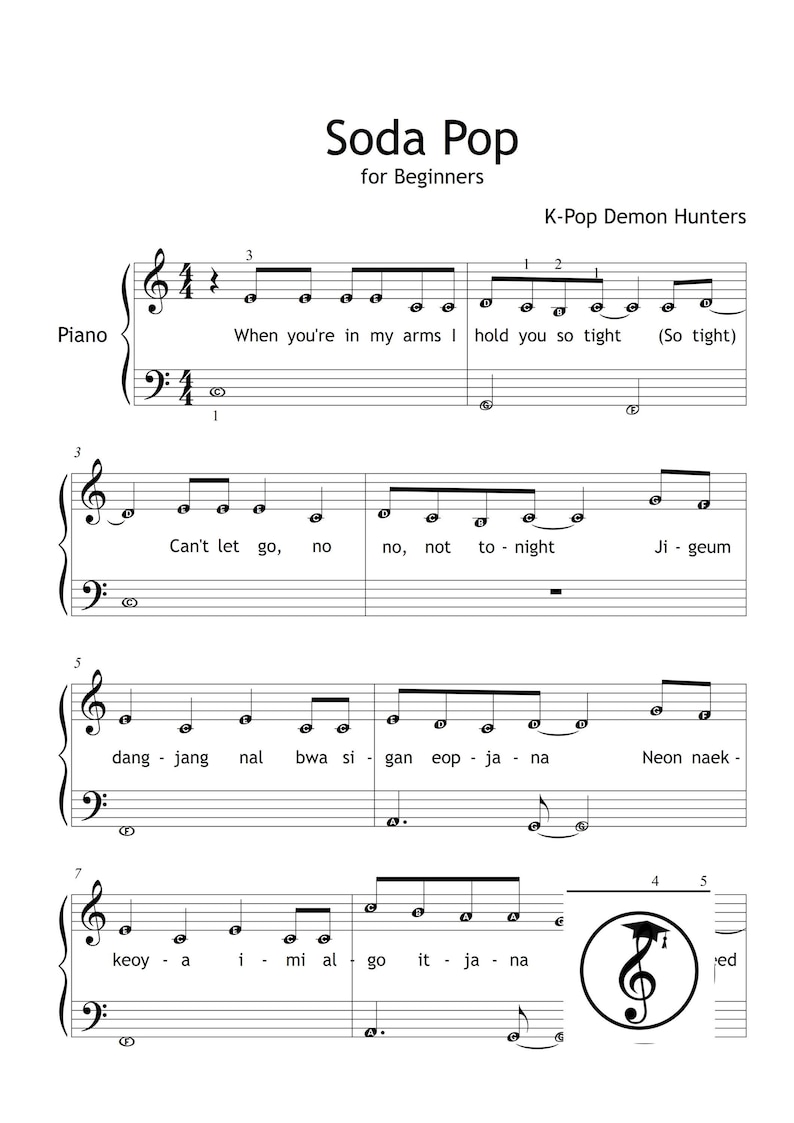 KPOP Demon Hunters Piano Collection by HUNTR-X downloadable and simplified piano sheet music PDF for Grade 2 learners. Includes easy piano versions of Soda Pop, Golden, Your Idol, Takedown, How It’s Done, What It Sounds Like, and Free. Printable PDF, color-coded notes, note-name editions, MP3 reference tracks, and tablet-friendly files. Perfect for students, teachers, and K-Pop fans seeking cinematic, fun, and professional easy piano sheet music downloads.