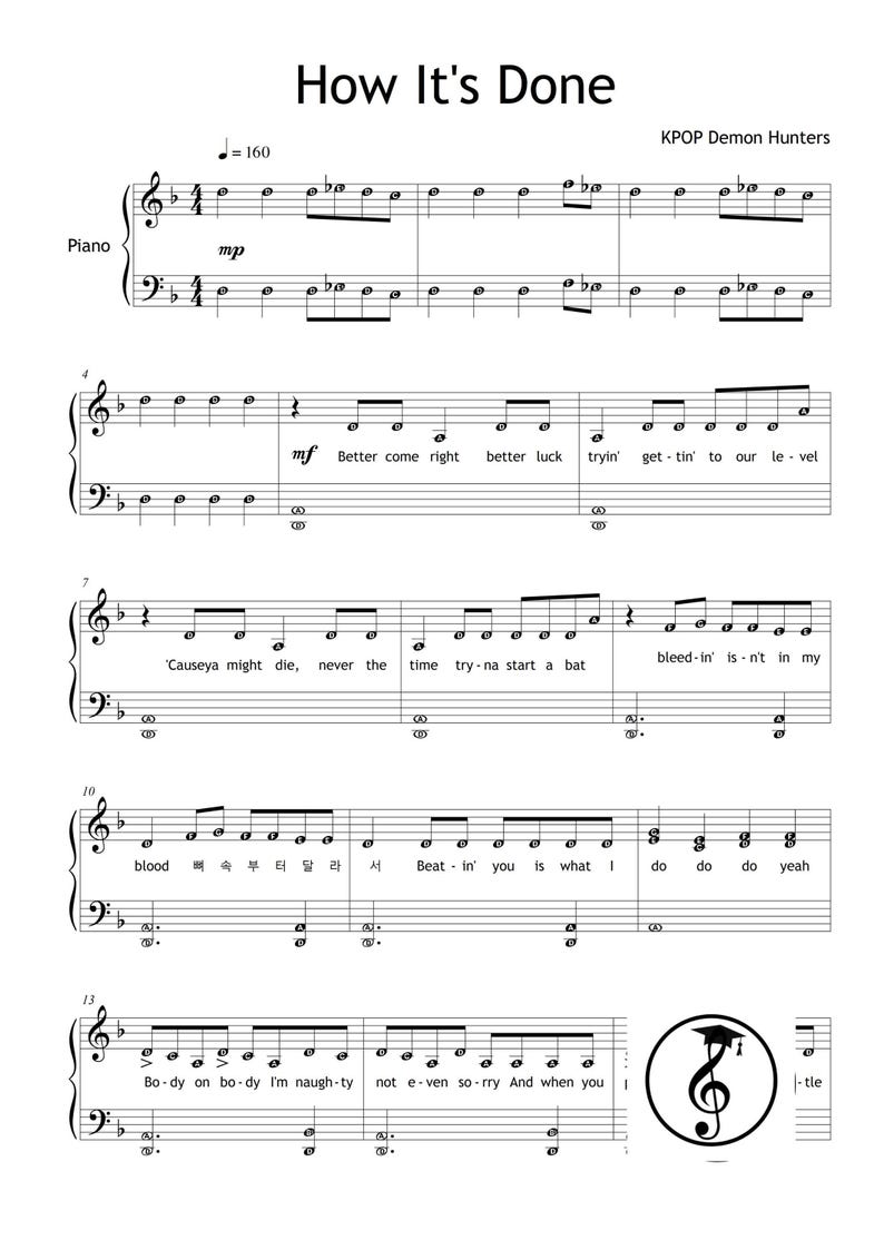 KPOP Demon Hunters Piano Collection by HUNTR-X downloadable and simplified piano sheet music PDF for Grade 2 learners. Includes easy piano versions of Soda Pop, Golden, Your Idol, Takedown, How It’s Done, What It Sounds Like, and Free. Printable PDF, color-coded notes, note-name editions, MP3 reference tracks, and tablet-friendly files. Perfect for students, teachers, and K-Pop fans seeking cinematic, fun, and professional easy piano sheet music downloads.