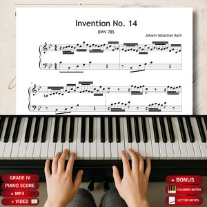Bach Invention No. 14 BWV 785 in B Flat Major | Color Note Piano Sheet Music, Note Names, Reference Audio & Video Tutorial PDF