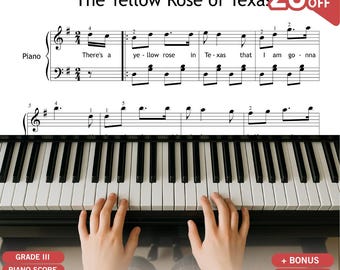 The Yellow Rose of Texas – Grade 3 Easy Piano Sheet PDF + Letter Notes + Color Version + MP3