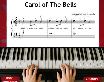 Carol of the Bells - Grade 1 -  Simplified Christmas Easy Piano Sheet Music with Lyrics and Finger Numbers  | Digital PDF Download